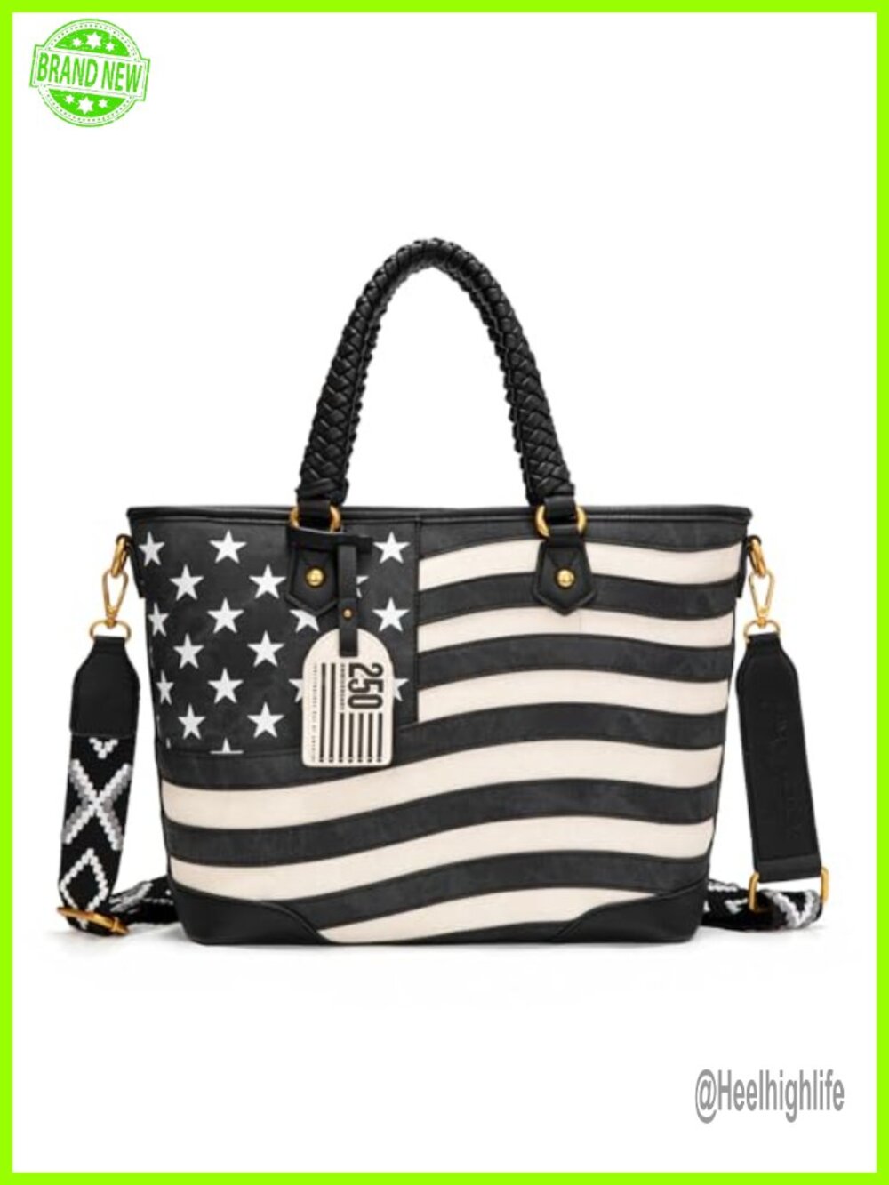 Montana West American Flag Tote Bag with Braided Handles & Woven Strap